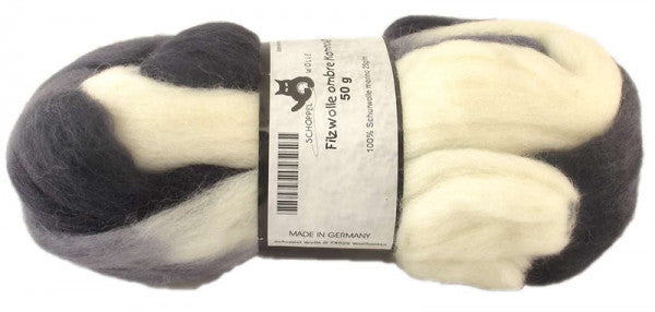 Schoppel Filzwolle Kammzug aus 100% Merinowolle 50 g, Schwarz, Weiß, Grau