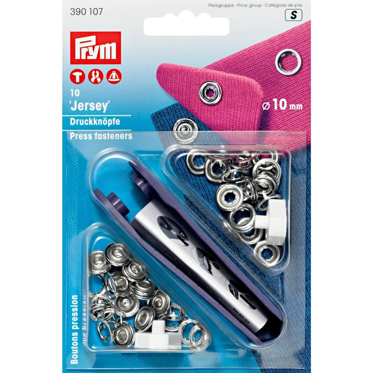 Nähfrei-Druckknöpfe "Jersey" auf Karte: Eine Karte mit silberfarbigen Nähfrei-Druckknöpfen der Größe 10 mm, um die Verpackung und Anzahl der Knöpfe zu zeigen.