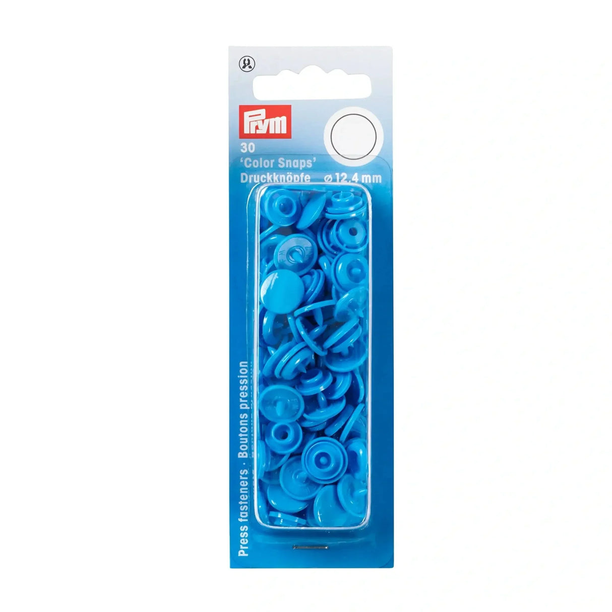 Eine Packung der stahlblaufarbenen Nähfrei-Druckknöpfe "Color Snaps" von Prym