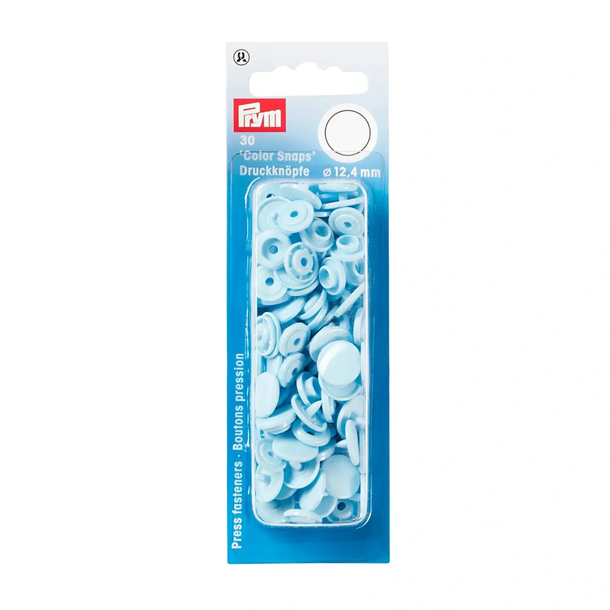 Eine Packung der hellblauen Nähfrei-Druckknöpfe "Color Snaps" von Prym
