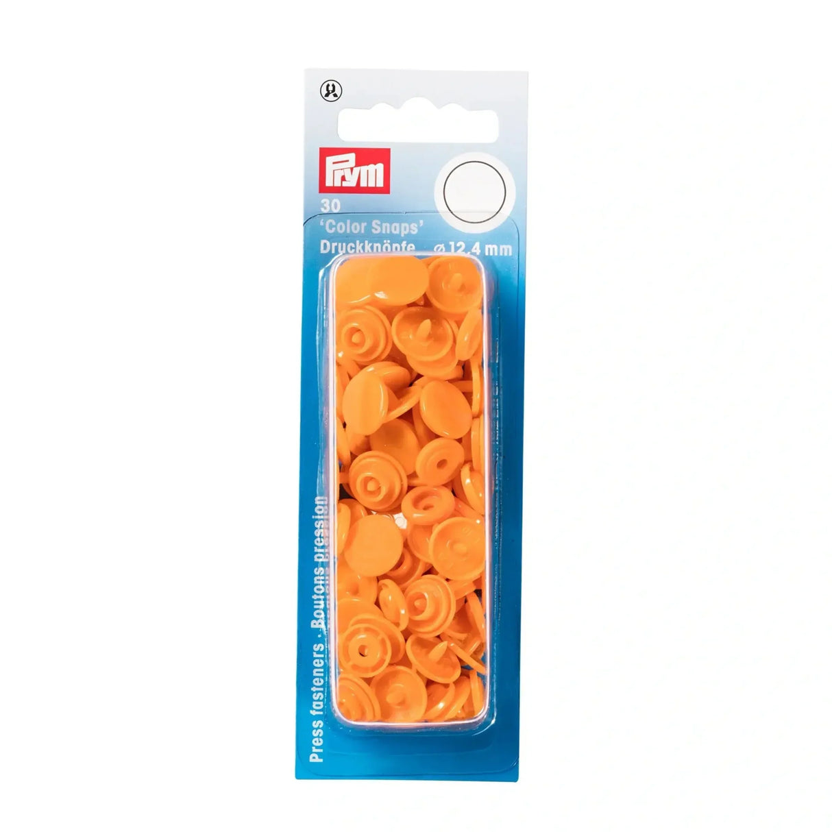 Eine Packung der orangefarbenen Nähfrei-Druckknöpfe "Color Snaps" von Prym