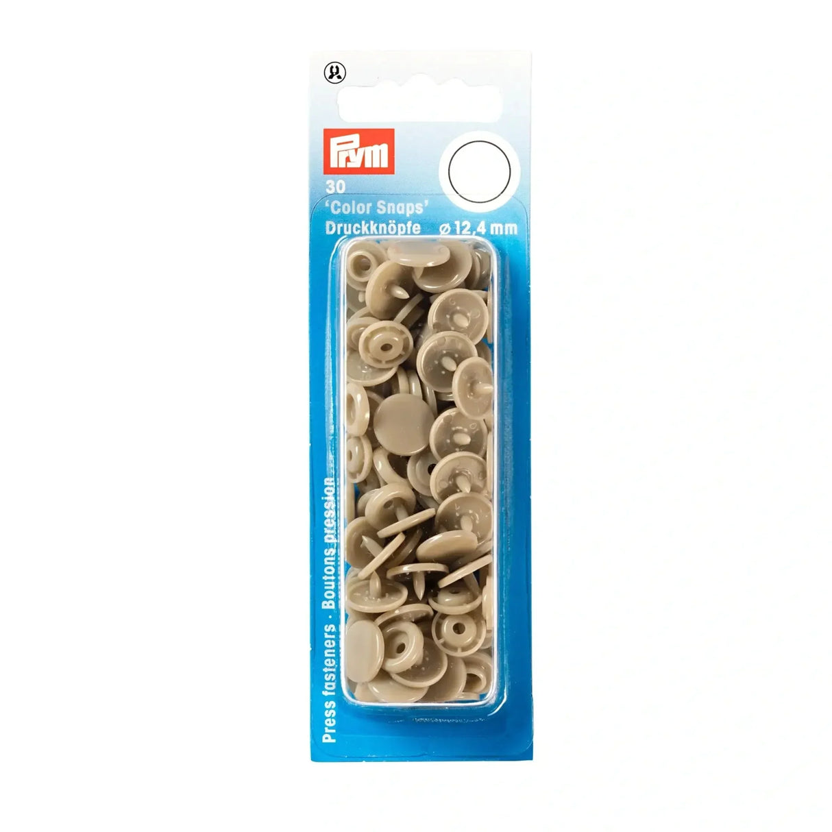 Eine Packung der champagnerfarbenen Nähfrei-Druckknöpfe "Color Snaps" von Prym