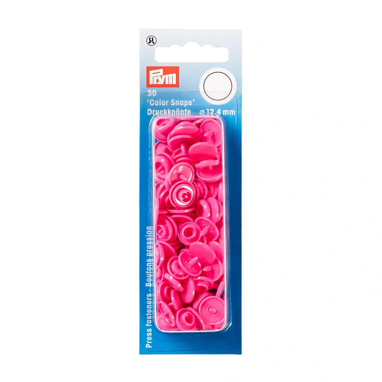 Eine Packung der pinkfarbenen Nähfrei-Druckknöpfe "Color Snaps" von Prym