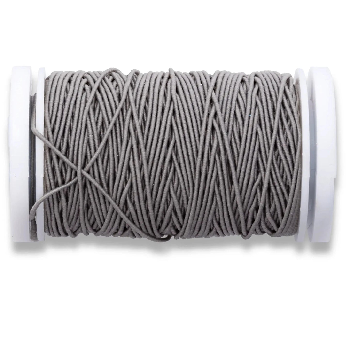 Elastischer Nähfaden 0,5 mm auf Nähmaschinenspule, perfekt für Bündchen und Mützen, mit hoher Dehnbarkeit und in Grau.
