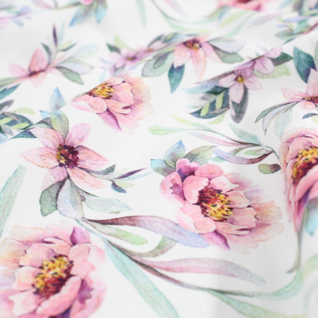 Nahaufnahme Baumwollstoff Blumenmuster Lila Grün