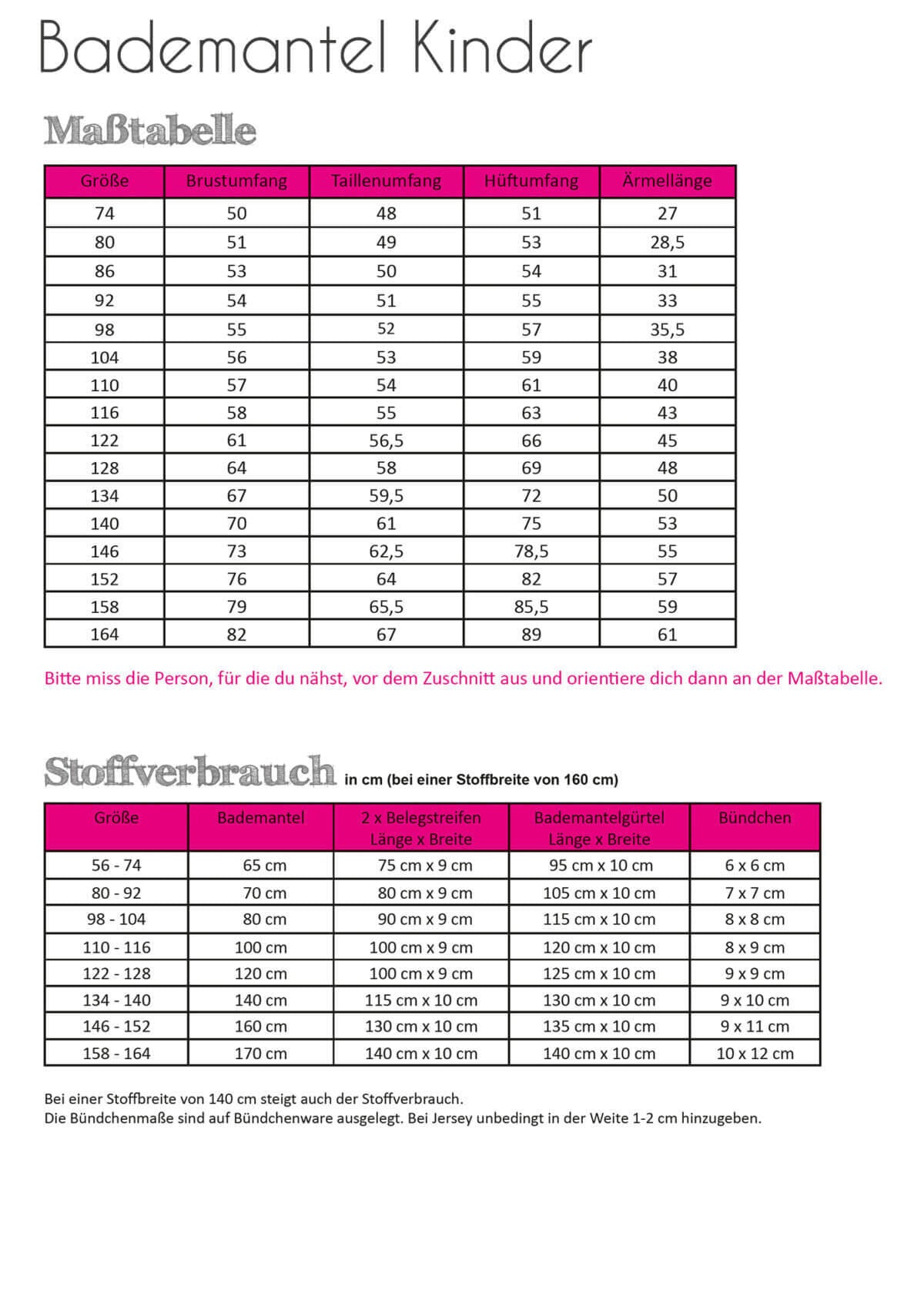 Nähanleitung und Schnittmuster Bademantel Kinder Maßtabelle, Stoffverbrauch