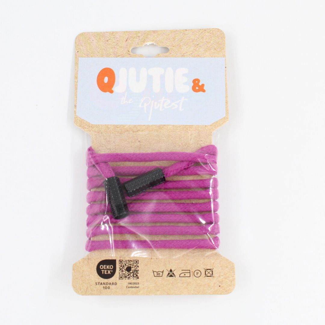 Baumwollkordel in kräftigem Pink (Cyclaam) mit schwarzen Endstücken, 5 mm dick und 1,15 m lang – ideal für Hoodies, Taschen und Nähprojekte.