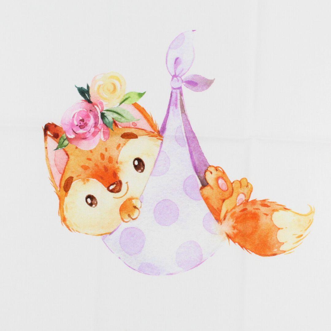 Baumwollpanel 35x40 cm mit zauberhaftem Fuchs-Motiv, umgeben von Blumen. Perfekt für kreative Nähprojekte wie Kissenbezüge, Dekoration oder Accessoires
