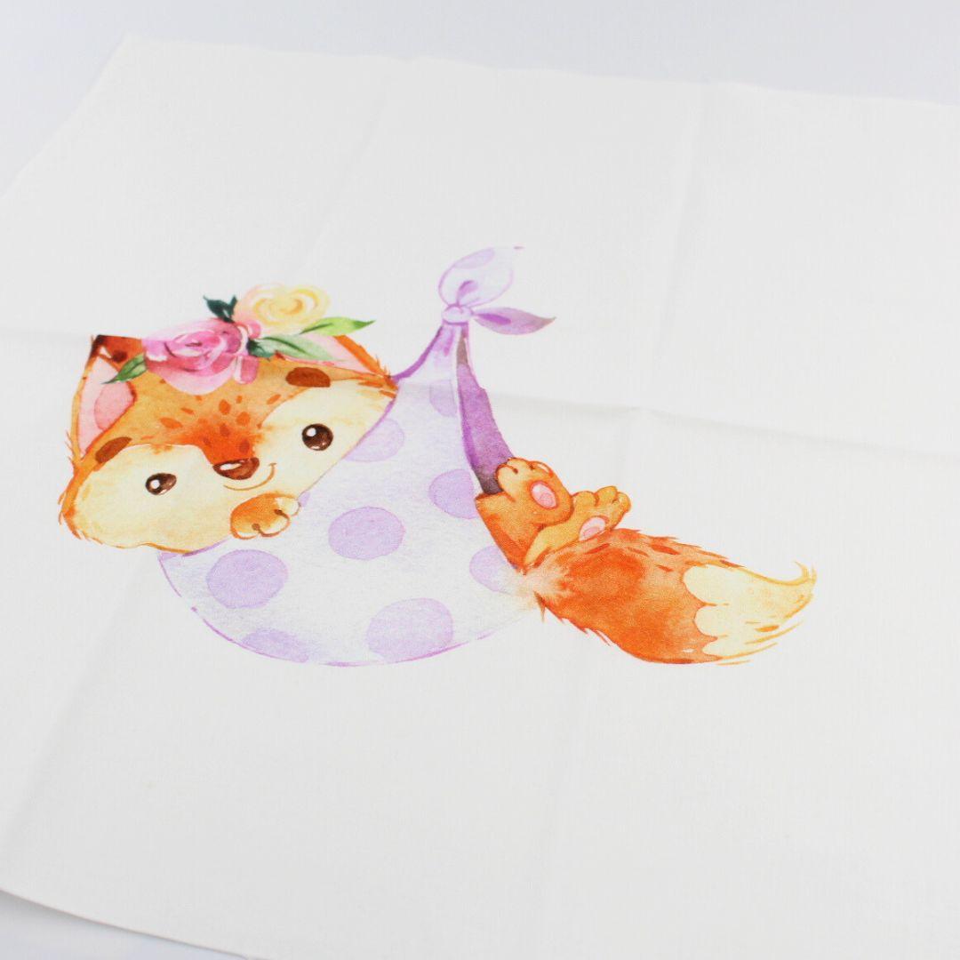 Baumwollpanel mit Fuchs-Motiv, kombiniert mit passenden Uni-Stoffen und Mustern. Inspiration für DIY-Nähprojekte und kreative Gestaltungsideen.