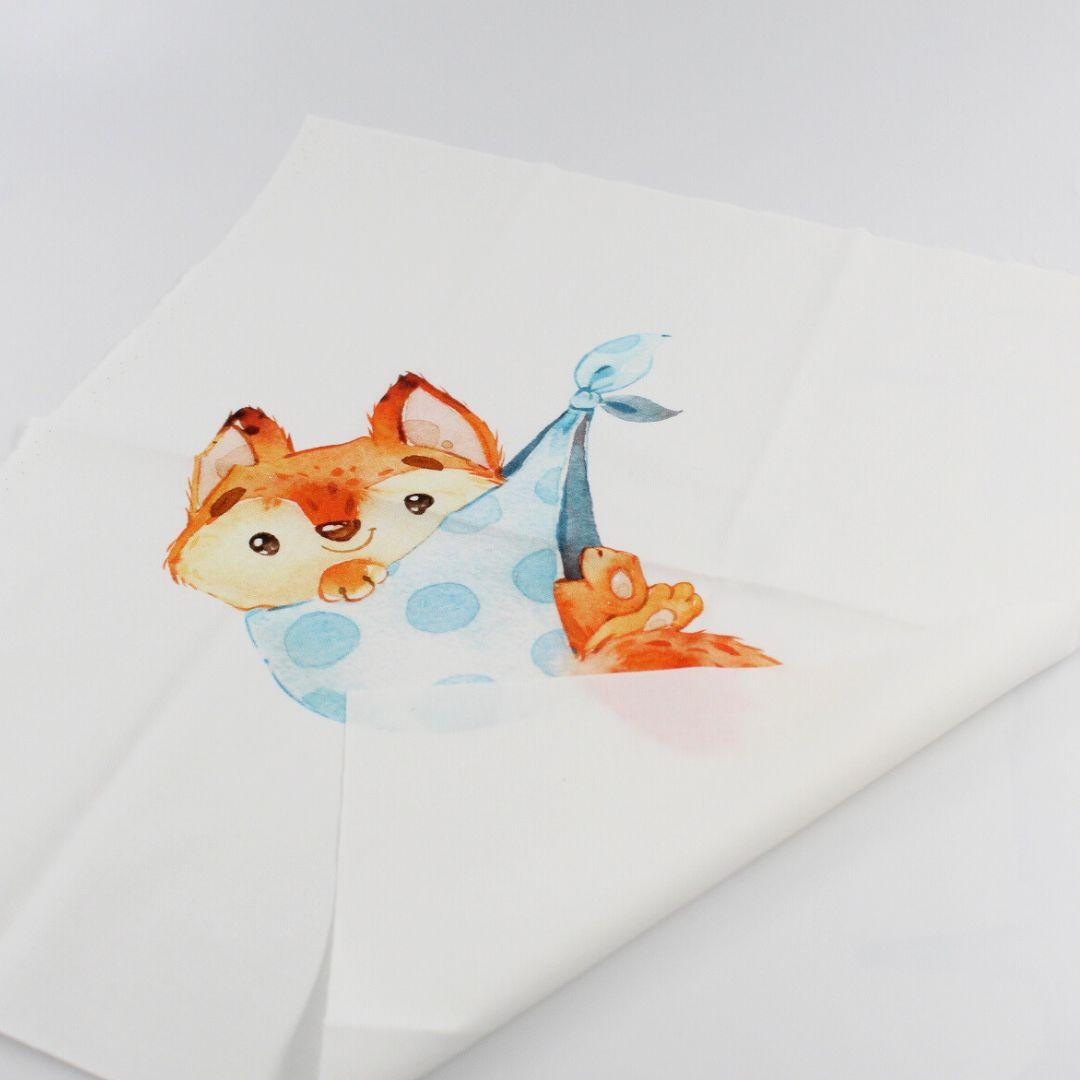 Baumwollpanel mit kleinem Fuchs-Motiv, ideal für Babys und Kleinkinder. Perfekt für Kissenbezüge, Patchworkdecken oder andere kreative Nähprojekte.