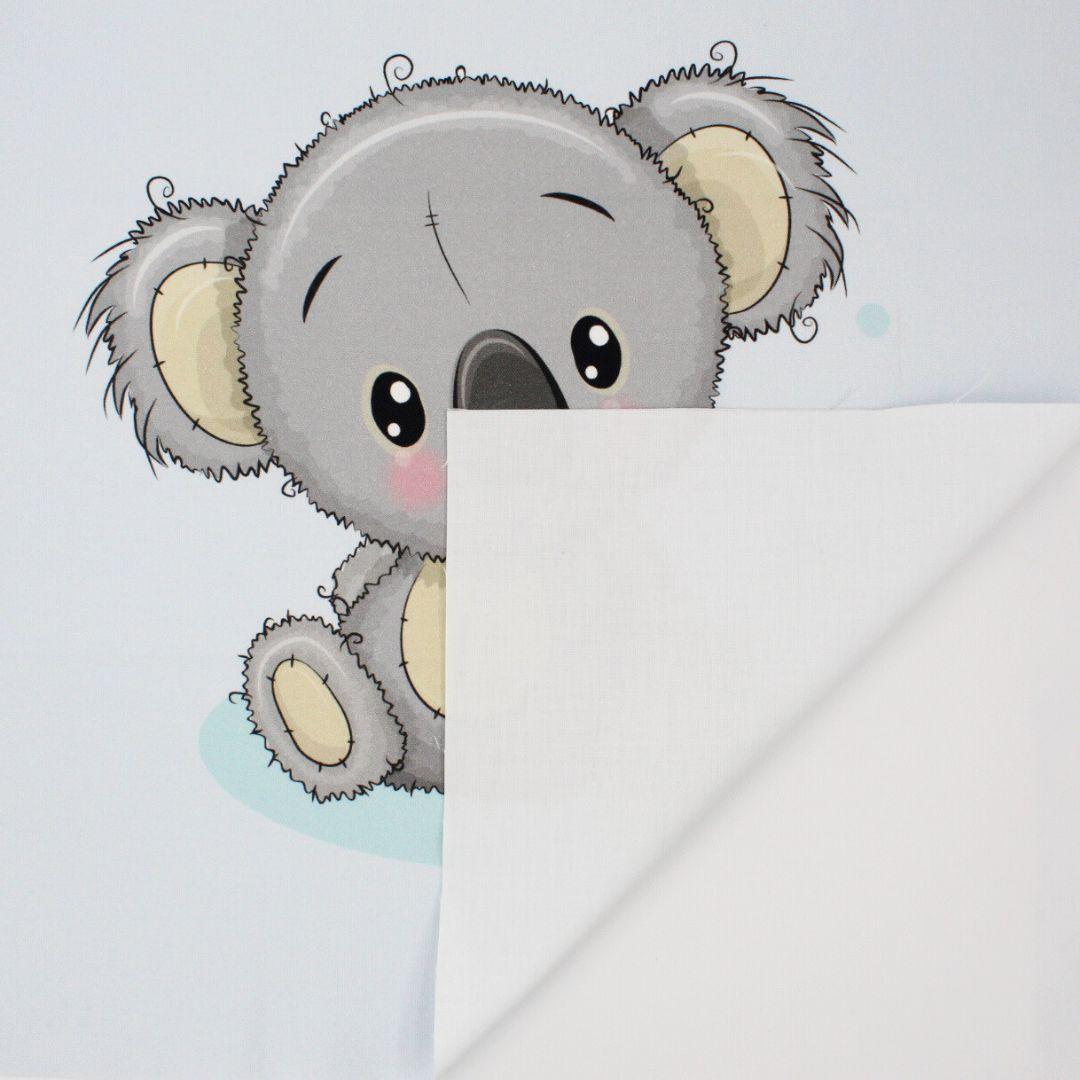 Koala Baumwollstoff 38x38 cm: Stoffpanel aus 100% Baumwolle, nicht elastisch, mit niedlichem Koala-Design für Kinderzimmer-Dekoration.