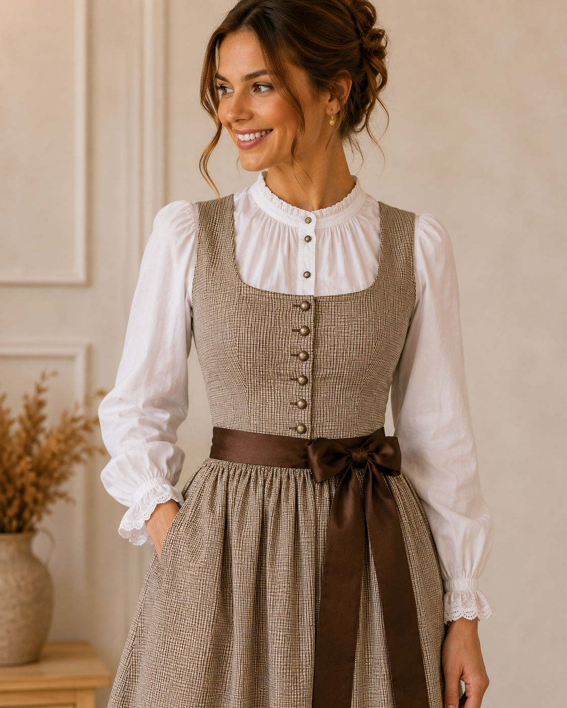 Baumwollsatin mit feinem Karomuster – Beige