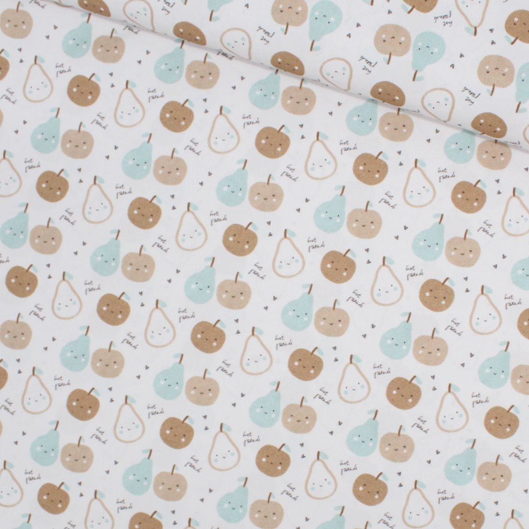 Stoff mit Apfel- und Birnen-Design in Beige und Mintgrün, hochwertig, langlebig und hautfreundlich.