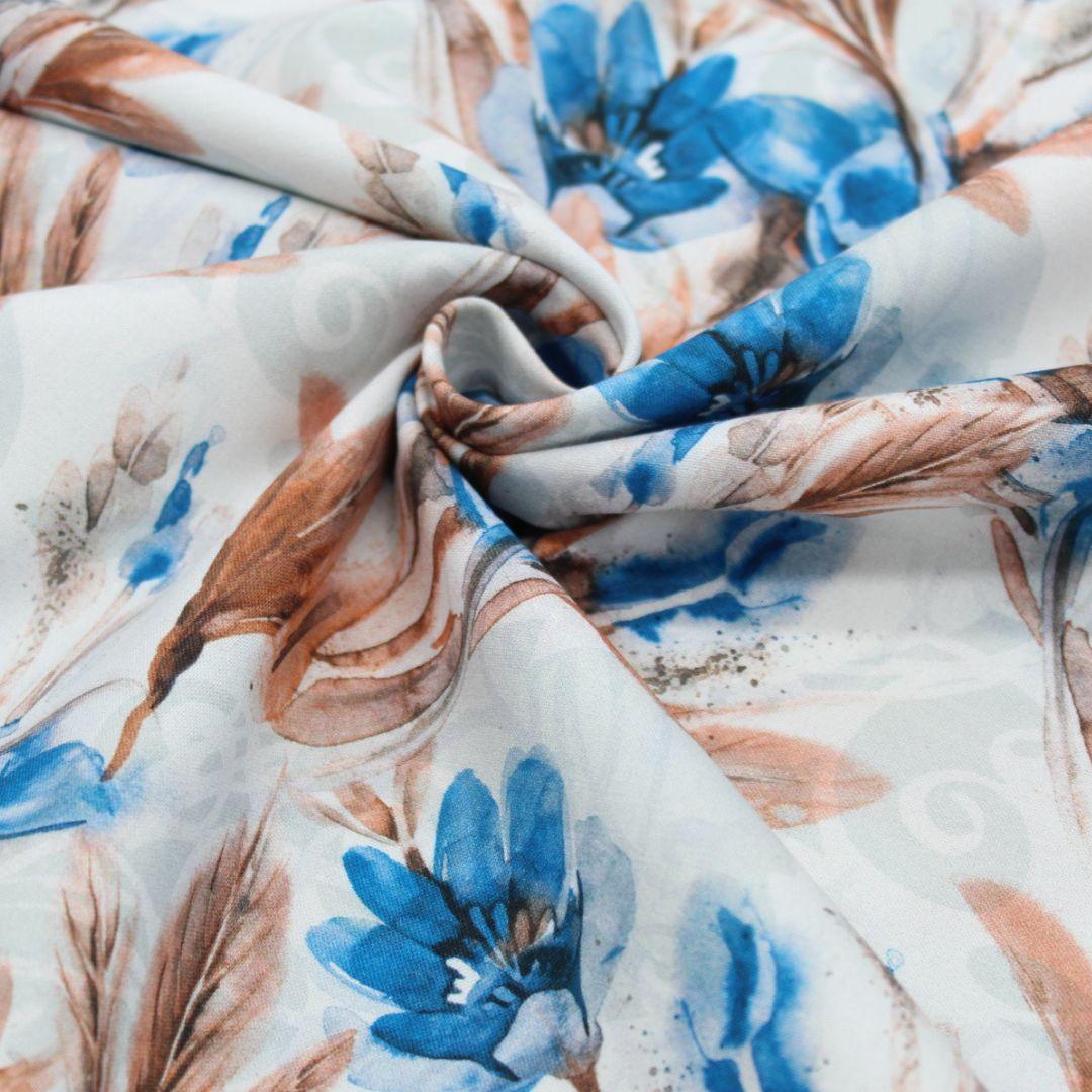 Nicht elastischer Baumwollstoff Webware mit blauen Blumen | Nahaufnahme