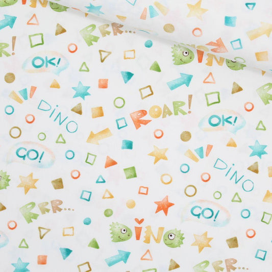 Baumwollstoff mit bunten Dinosauriern auf neutralem Hintergrund