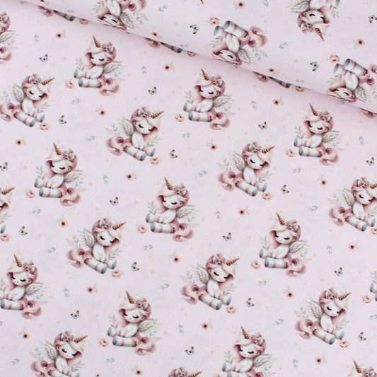 Baumwollstoff Kinderstoff Einhörner auf rosa Hintergrund, Meterware für Babys und Kinder