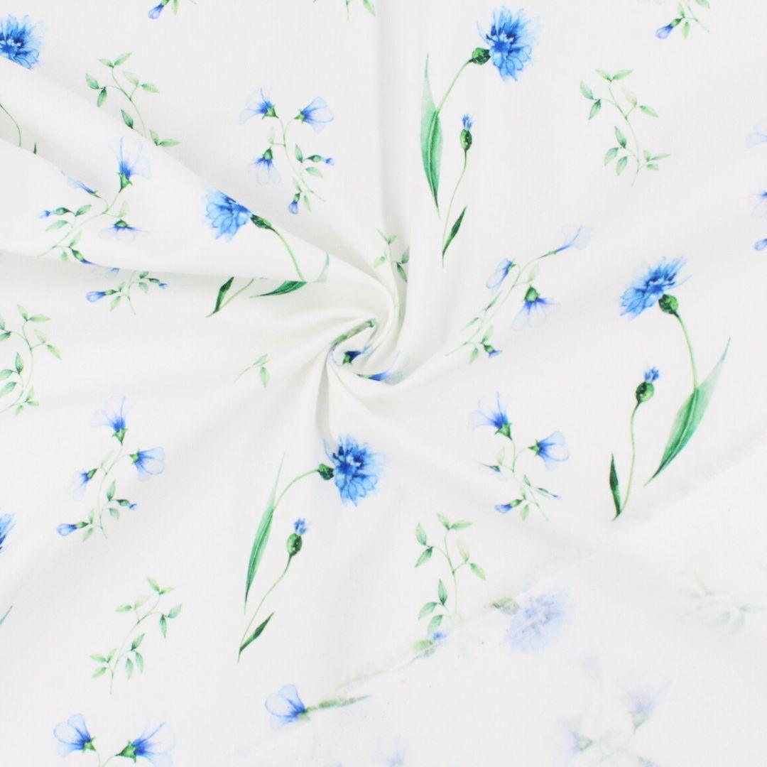 Baumwollstoff blaue Kornblumen auf Ecru mit Rückseite