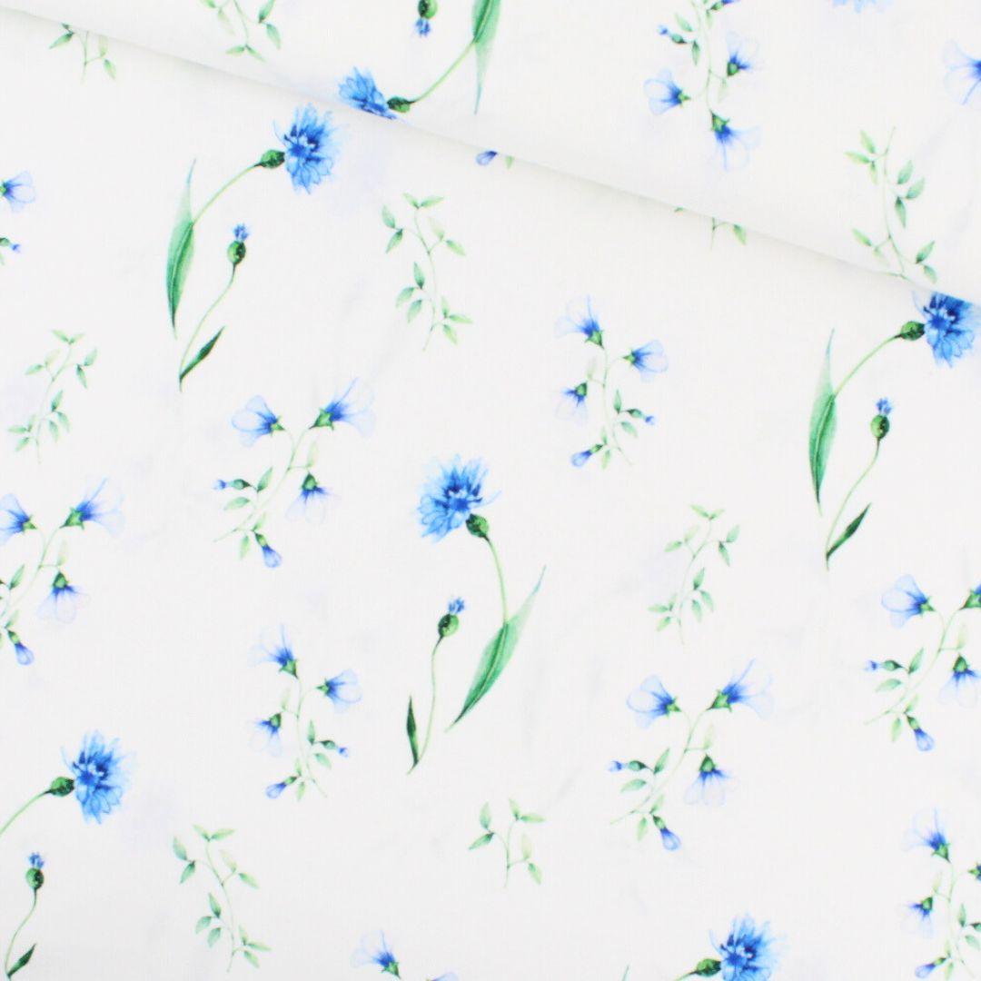 Baumwollstoff blaue Kornblumen auf Ecru