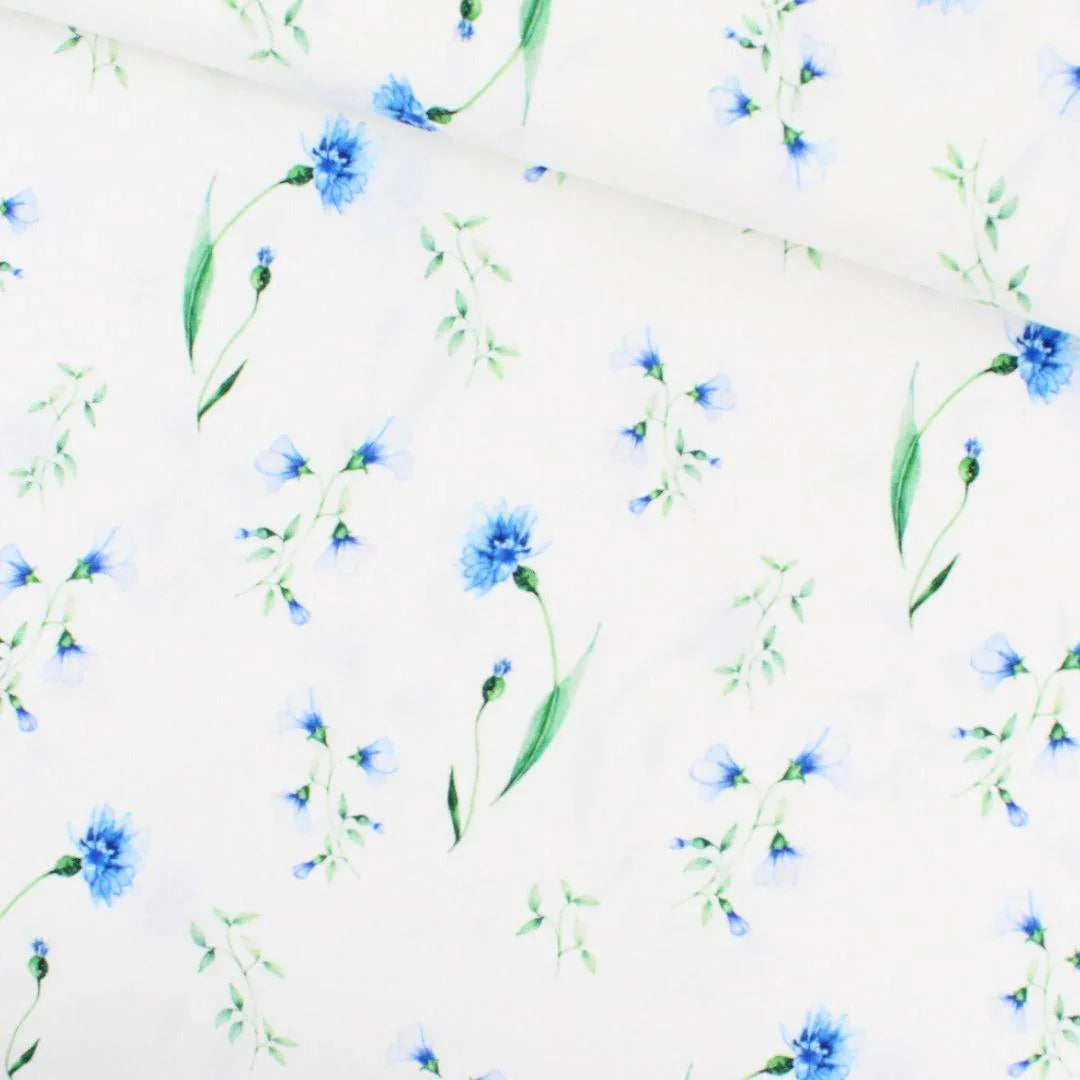 Baumwollstoff blaue Kornblumen auf Ecru