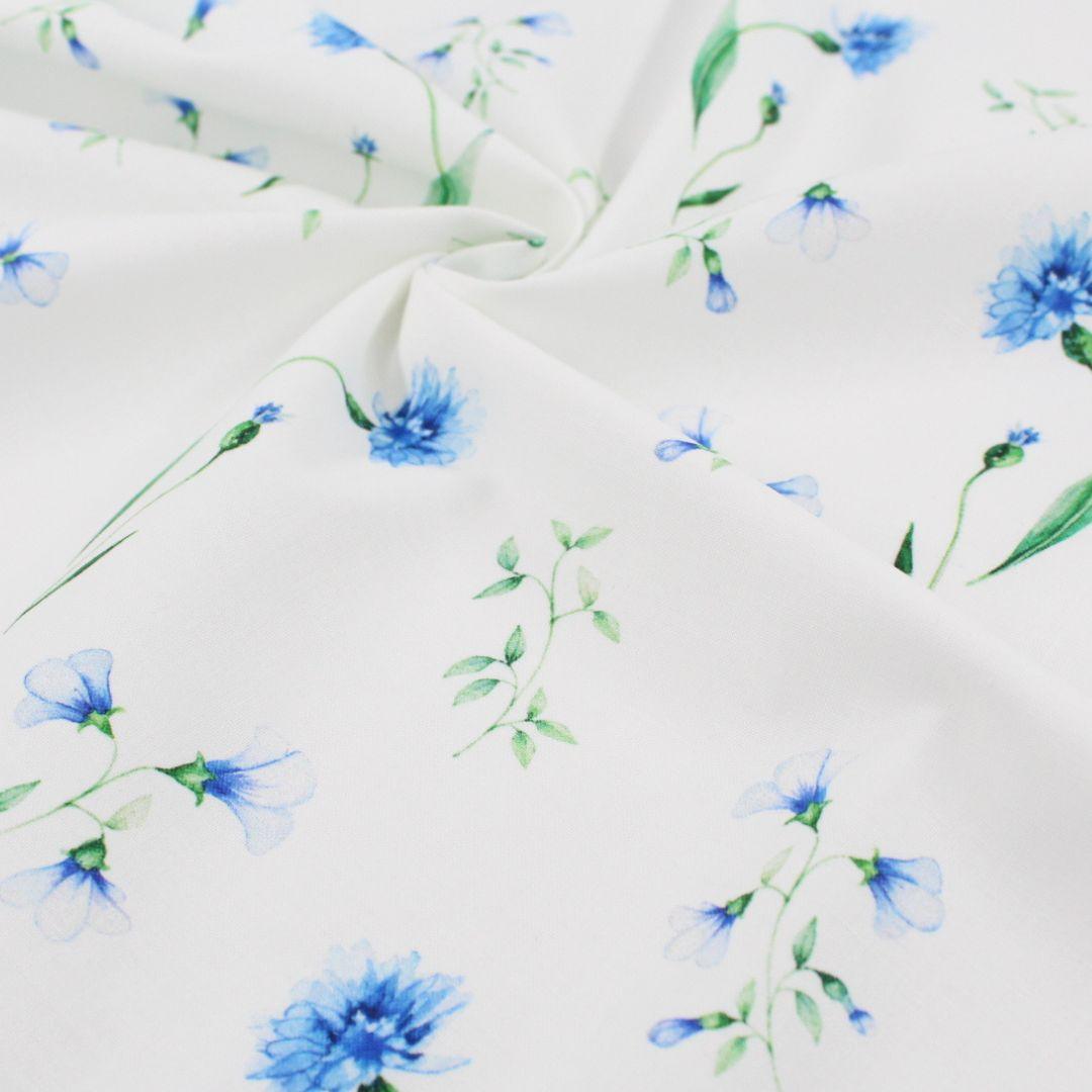 Baumwollstoff blaue Kornblumen auf Ecru