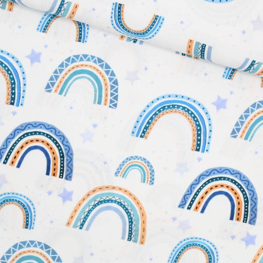 Baumwollstoff mit Regenbogen und Sternen in Blau und Geld