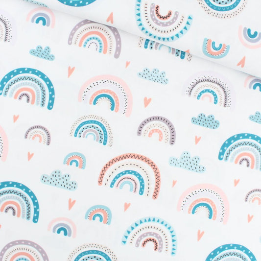Baumwollstoff Regenbögen und Wolken in Pastelltönen, Kinderstoff Meterware für Babyzimmer