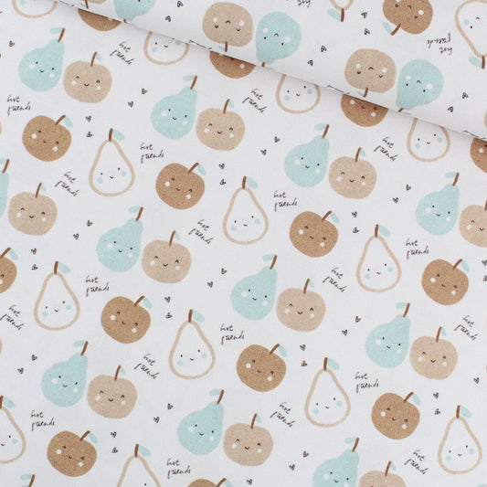 Baumwollstoff Kinderstoff mit Apfel- und Birnenmuster in Beige und Mintgrün, Meterware