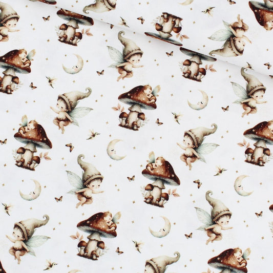 Kinderstoff Baumwolle „Magische Träume“ mit Jungen-Fees, Pilzen und Mond, Meterware