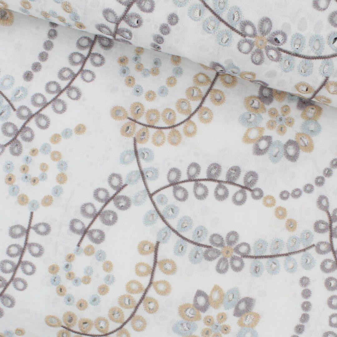 Nahaufnahme der Textur – Feine Stickerei mit dekorativen Durchbrüchen für einen luftigen Look.