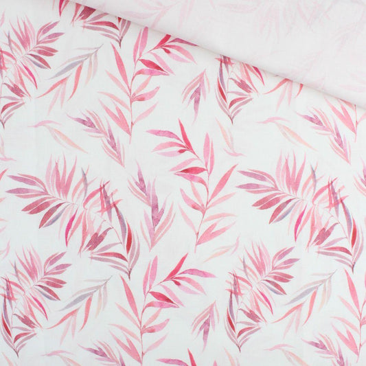 Baumwollstoff mit rosa Blättern auf weißem Hintergrund, OEKO-TEX zertifiziert