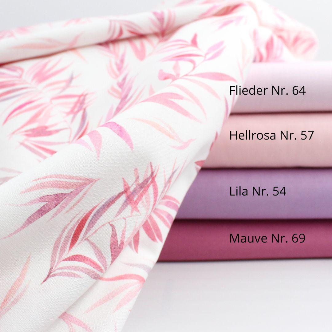 Baumwollstoff mit rosa Blättern kombiniert mit Uni-Stoffen in Flieder, Mauve und Hellrosa