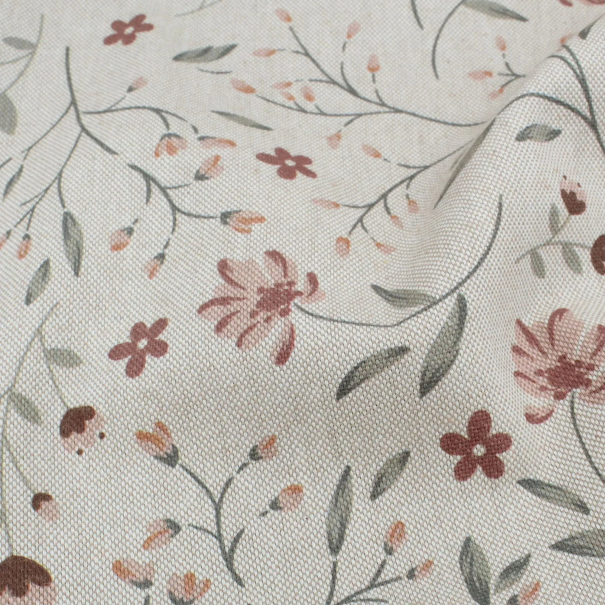 Struktur Leinen Optik Stoff beige matt mit Blumen Digitaldruck