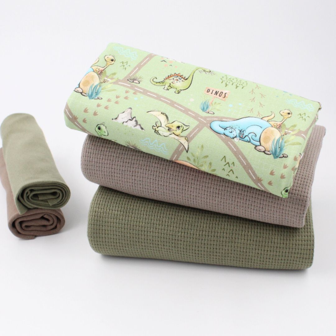 Jersey mit Dinosaurier auf Grün und passende Mini Waffeljersey