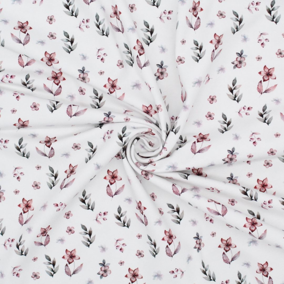 Weicher Jerseystoff Premium Malven in Weiß, perfekt für Baby- und Kinderkleidung sowie Accessoires wie Mützen und Schals.