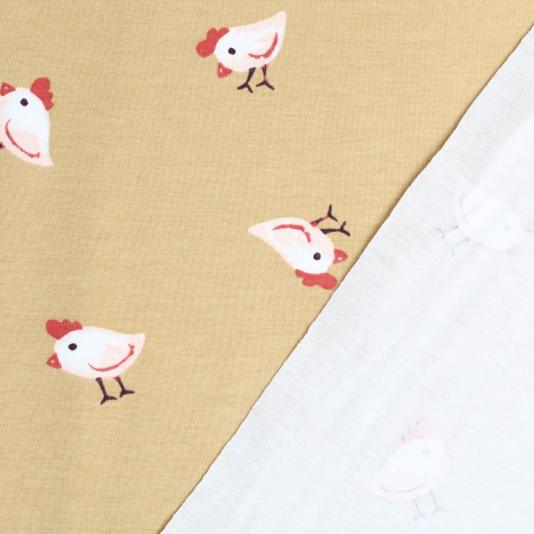 Jersey Meterware mit Bauernhof-Motiv – Nahaufnahme