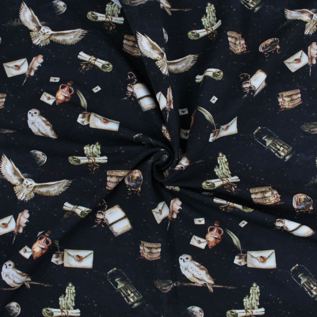 Elastischer Jersey Stoff Magische Schule in Premium Qualität mit magischen Symbolen und Tieren – geeignet für kreative Nähprojekte.