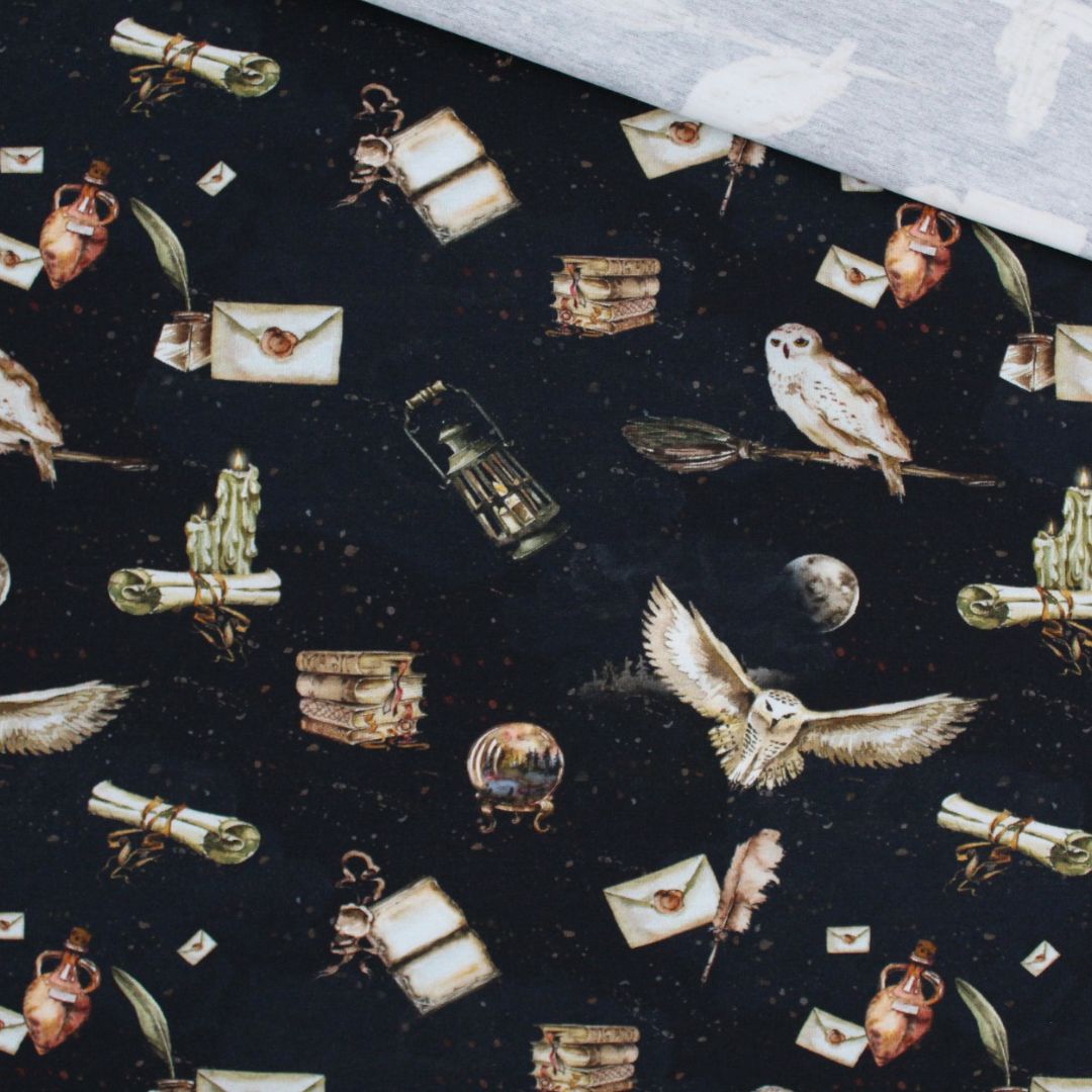 Jersey Stoff Magische Schule mit Eulen, Zaubertränken und Briefen auf schwarzem Hintergrund – ideal für Kinderkleidung, Shirts und Kleider.