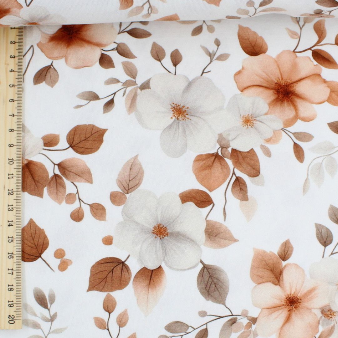 Jersey Blumen auf Weiß – elastischer Baumwollstoff perfekt für Kleidung. Mustergröße