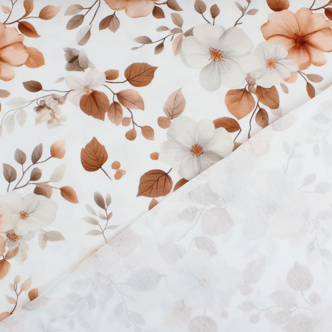 Meterware: Jersey Stoff mit Blumenmotiv – aufgespannt zur Stoffansicht