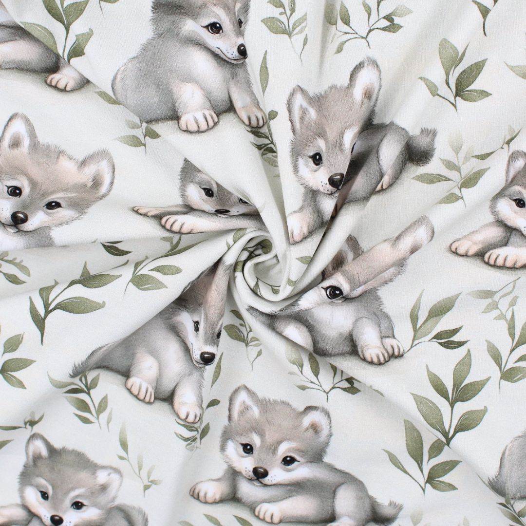 Kinderstoff mit Wolf-Motiv – OEKO-TEX Jersey auf Hellgrün