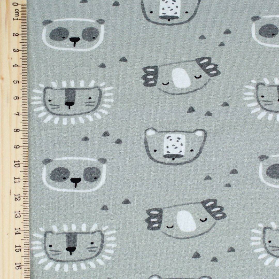 Jersey-Stoff mit niedlichen Tiermotiven: Koala, Panda, Leopard und Löwe