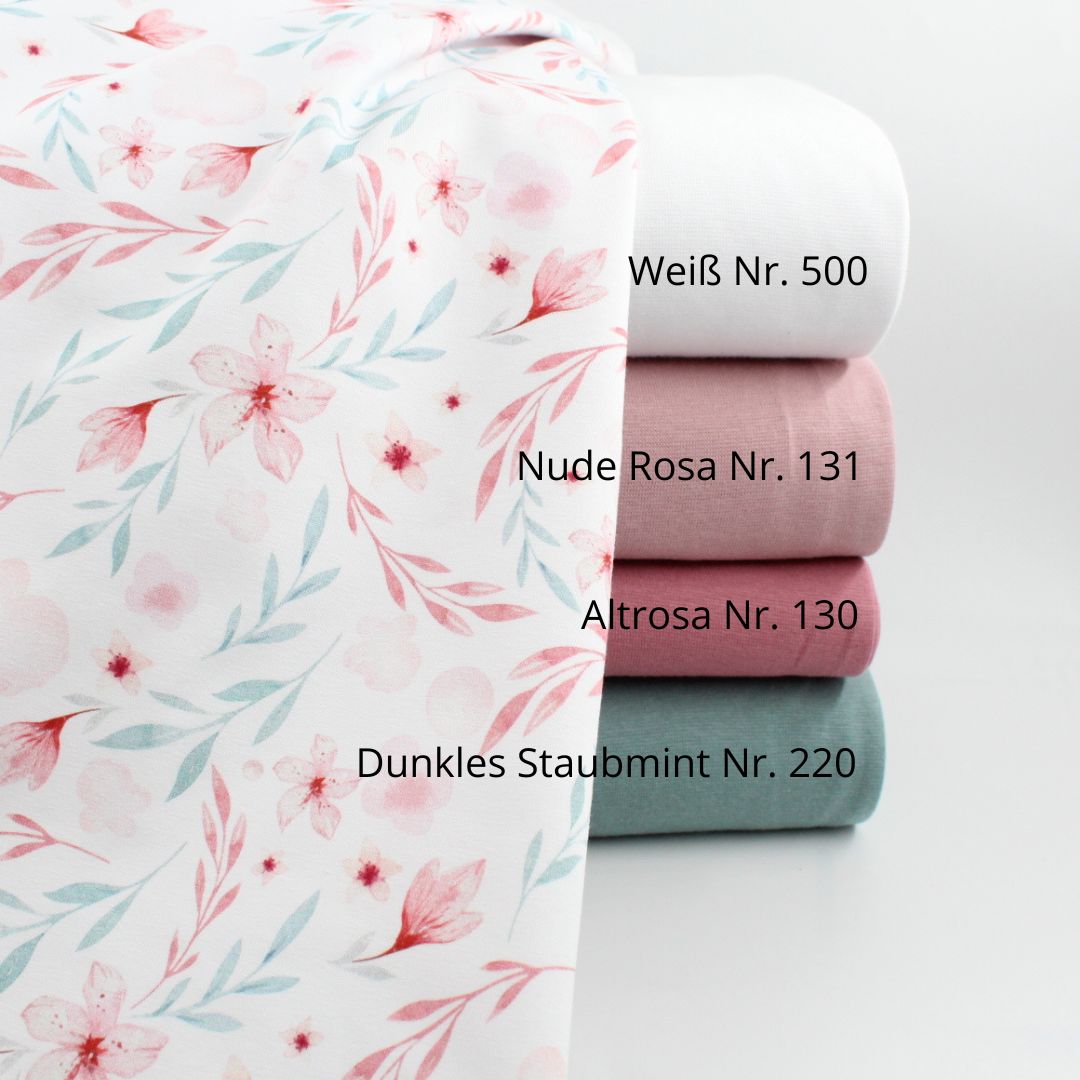 Elastischer Jersey mit zartem Blumendesign in Zartrosa und Hellblau – perfekter Stoff für T-Shirts und Leggings kombiniert mit verschiedene Bündchenstoffe