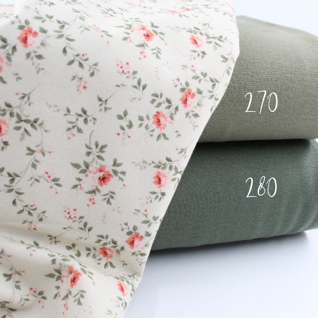 Jersey Stoff Kleine Rosen kombiniert mit Uni-Jersey und Bündchenstoffen Nr. 270 und 280