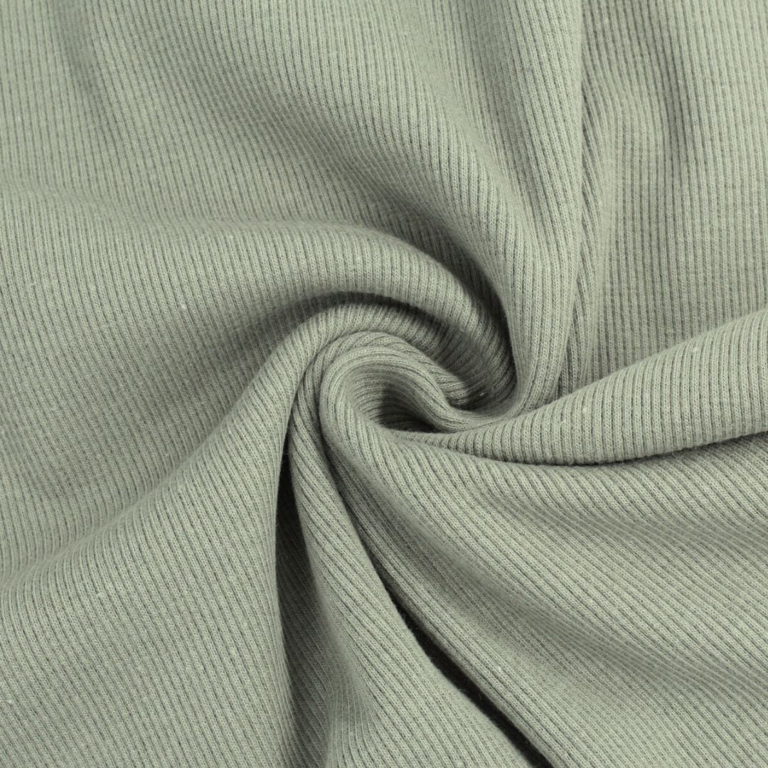 Bündchenstoff 2/1 Rib in Khaki – fein gerippt, elastisch, 95% Baumwolle, 5% Elastan – perfekt für Mützen, Bündchen und Kragen