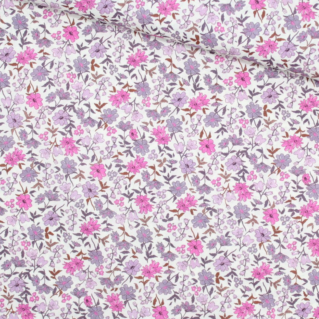 Leichter Voile-Baumwollstoff mit nostalgischen Vintage Blumen, ideal für romantische Blusen und Kleider – transparent und angenehm auf der Haut. Fuchsia | Stoffball