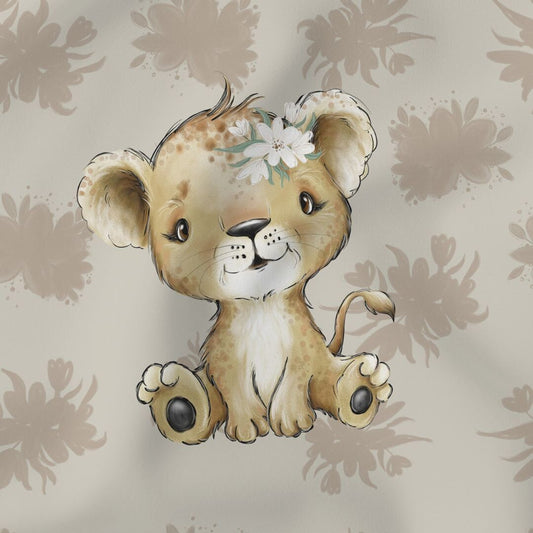 Stoffpanel Safari Tiere mit Löwe auf beigem Hintergrund – 75x100 cm, OEKO-TEX zertifiziert, ideal für Baby- und Kinderdecken.