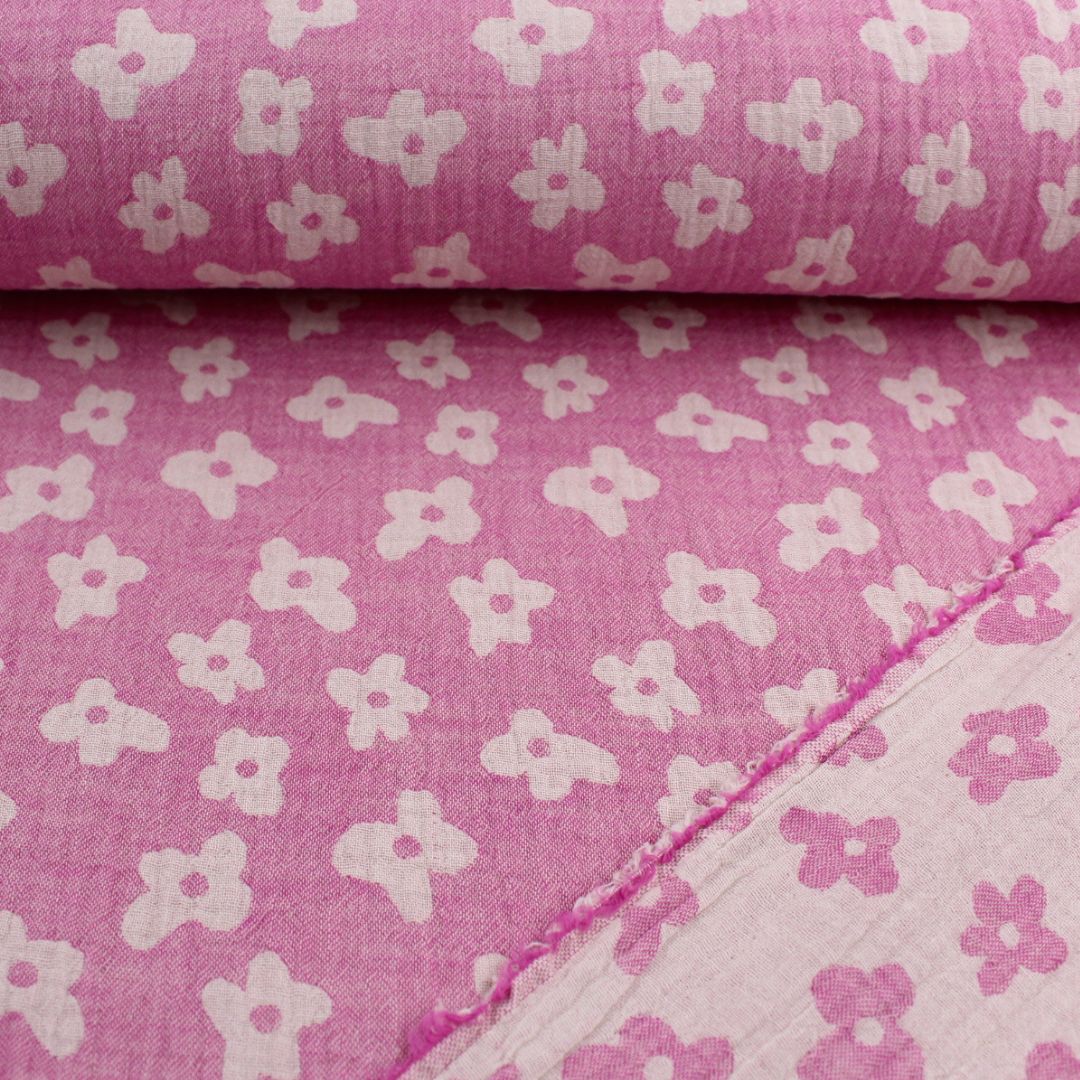 Musselin Jacquard Blumen Rosa – Doppelseitig | Rosa Rückseite ideal für Kleider, Röcke, Sommerkleidung für Damen und Kinder