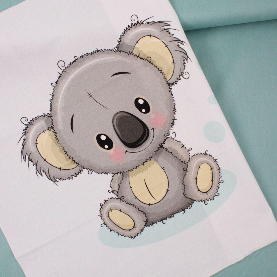Baumwollstoff-Panel mit Koala kombiniert mit Baumwollpopeline uni Grün Nr. 66