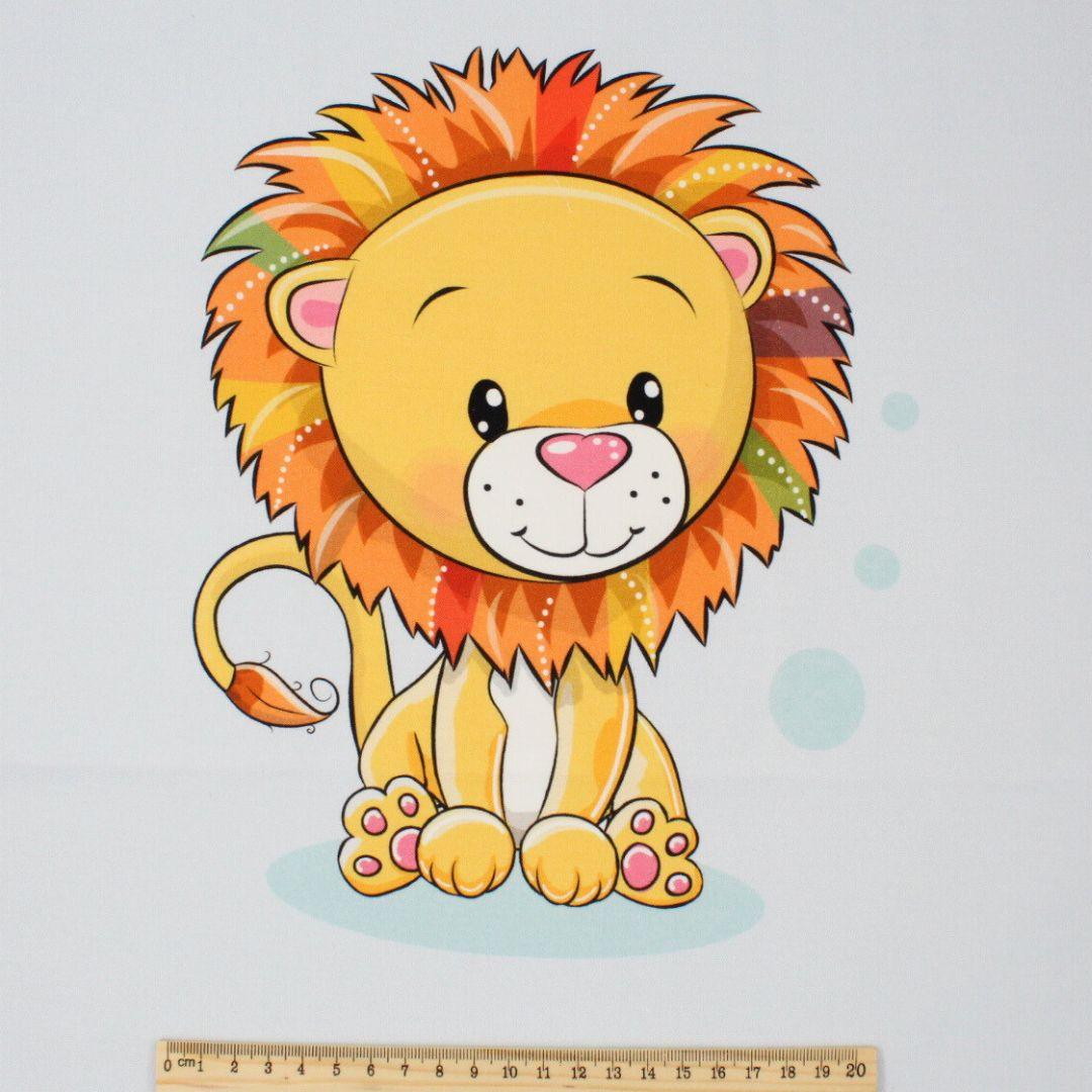 Baumwollpanel für Nähprojekte: 38x38 cm Baumwollstoff mit fröhlichem Löwen-Motiv, ideal für Krabbeldecken und Wickelauflagen.