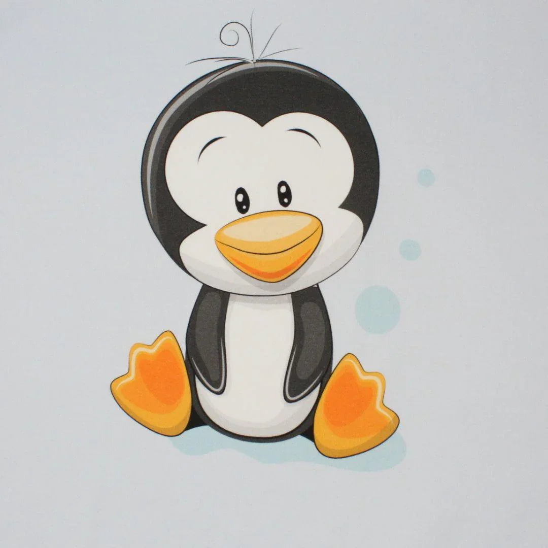 Baumwollpanel Pinguin Blau: Süßes Pinguin-Motiv auf blauem Hintergrund, ideal für Kinder-Nähprojekte.